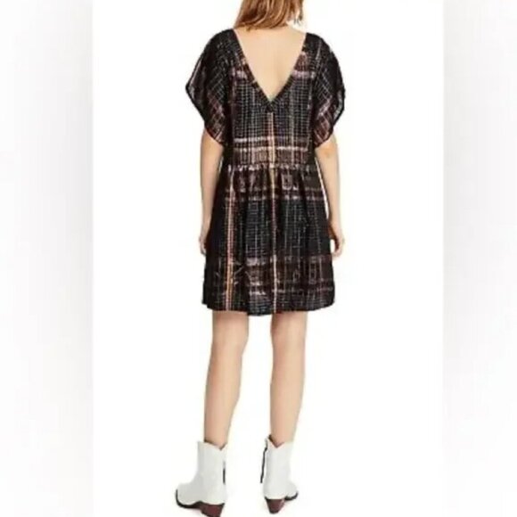 Free People Barcelona Shimmer Plaid Metallic Mini Dress in Black Pockets SP - Picture 14 of 15